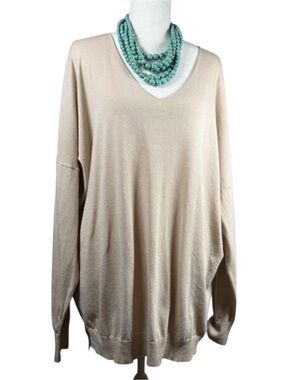 Sweet Lovely Beige V Neck Sweater Tunic 1X 2X Oversized Soft Knit